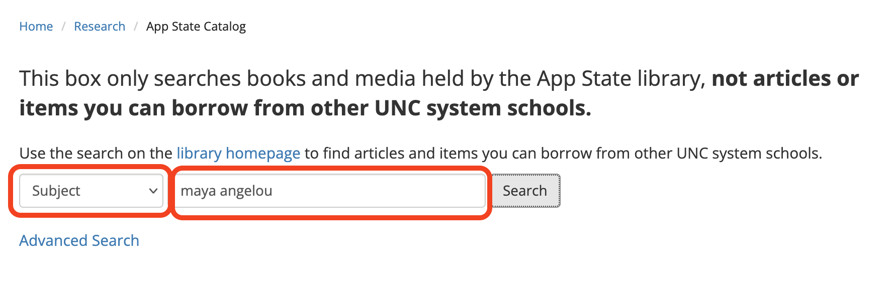 howtos_findbooks7 Choosing Books & More from the library homepage takes you to a search box configured to search only items owned by App State
