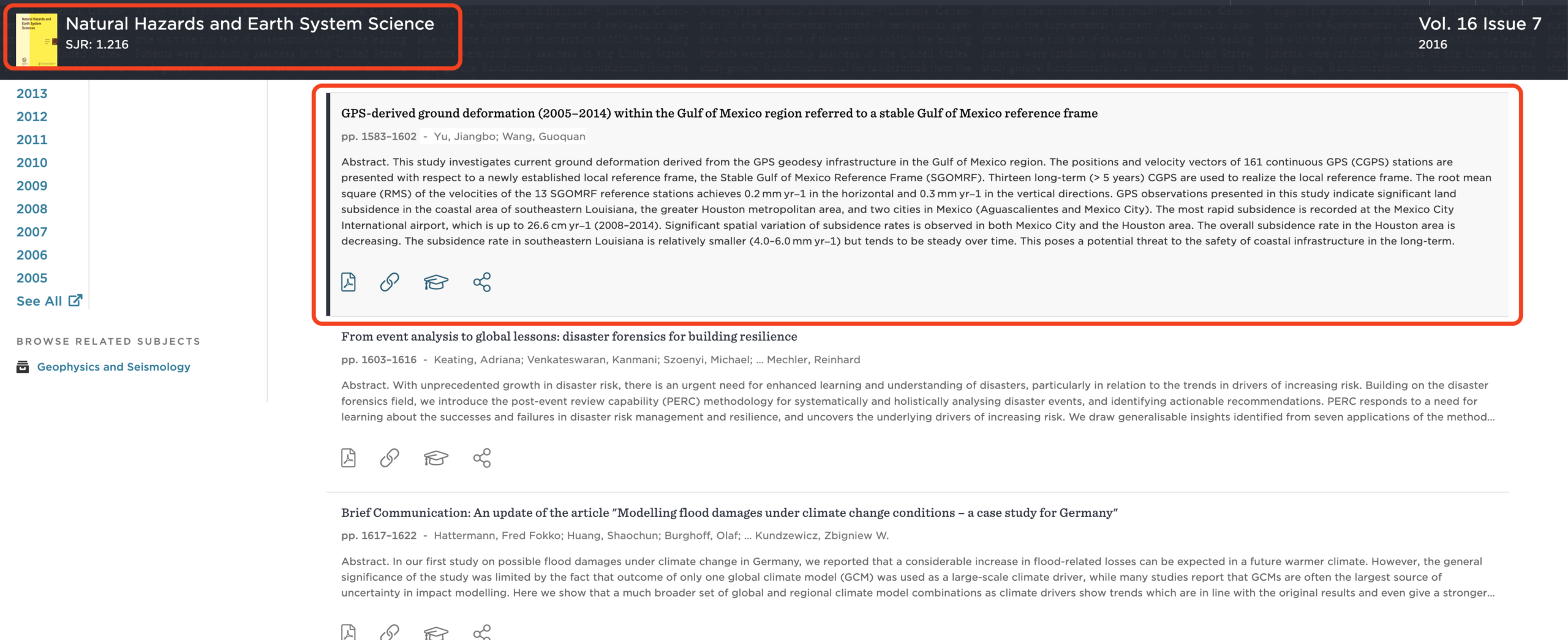 howtos-access-contents Screenshot showing the whole-issue view of the Natural Hazards and Earth System Science journal
