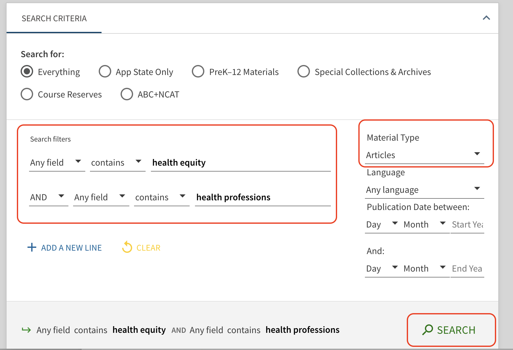 howtos-articles-advanced Library Search Advanced Search page highlighting search filter and material type options