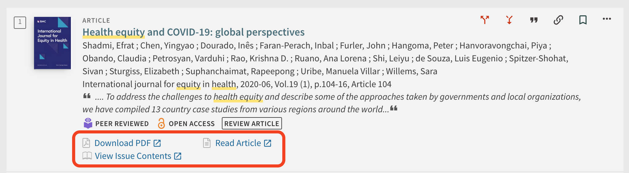 howtos-articles-viewoptions Access options for articles in Library Search appear at the end of each article's listing in search results.