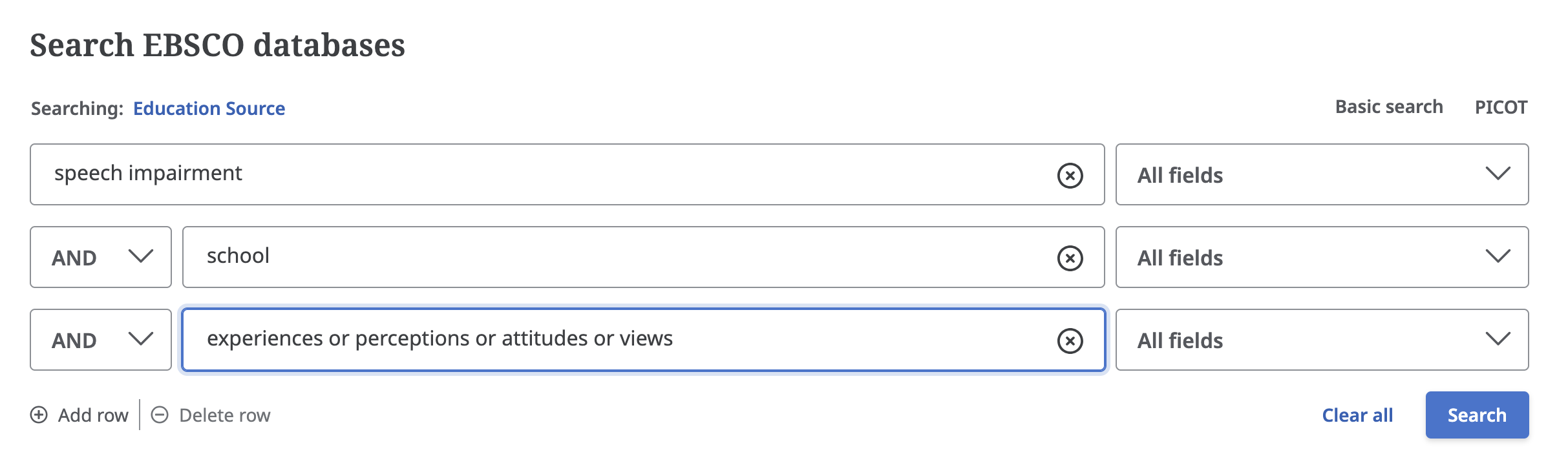 howtos-edsource-advexample Screenshot of advanced search interface showing multiple keywords connected with "and" and "or" operators