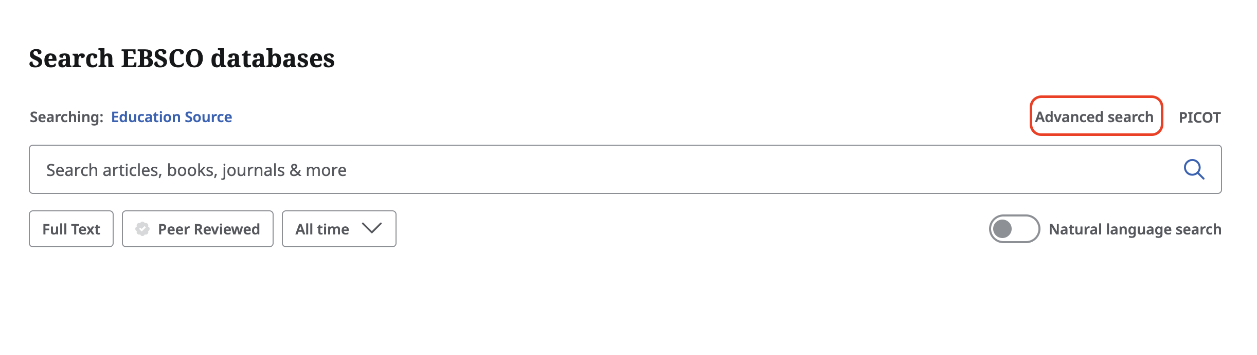 howtos-edsource-advsearch Access Advanced Search from the link just before the search box in Education Source