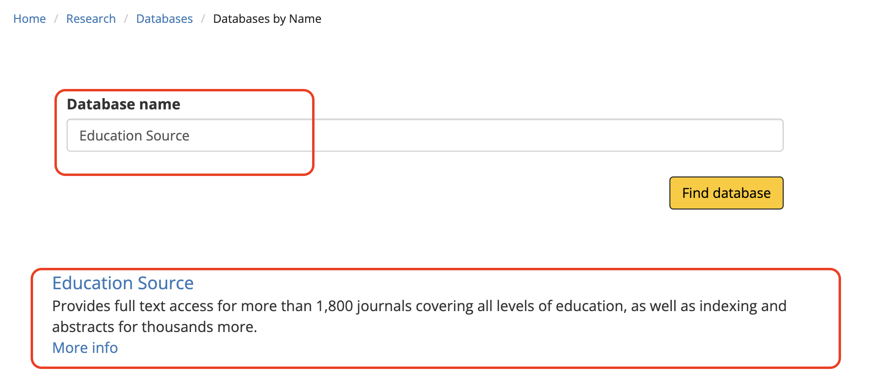 howtos-edsource-dbname Screenshot showing "Education Source" in the Database name search field