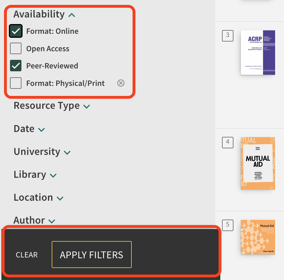 howtos-fillters-apply The Apply Filters option appears after you've selected search filter checkboxes