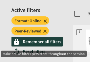 howtos-filters-applied Under Active Filters you can find the filters you've applied as well as the option to remember your filters between searches.