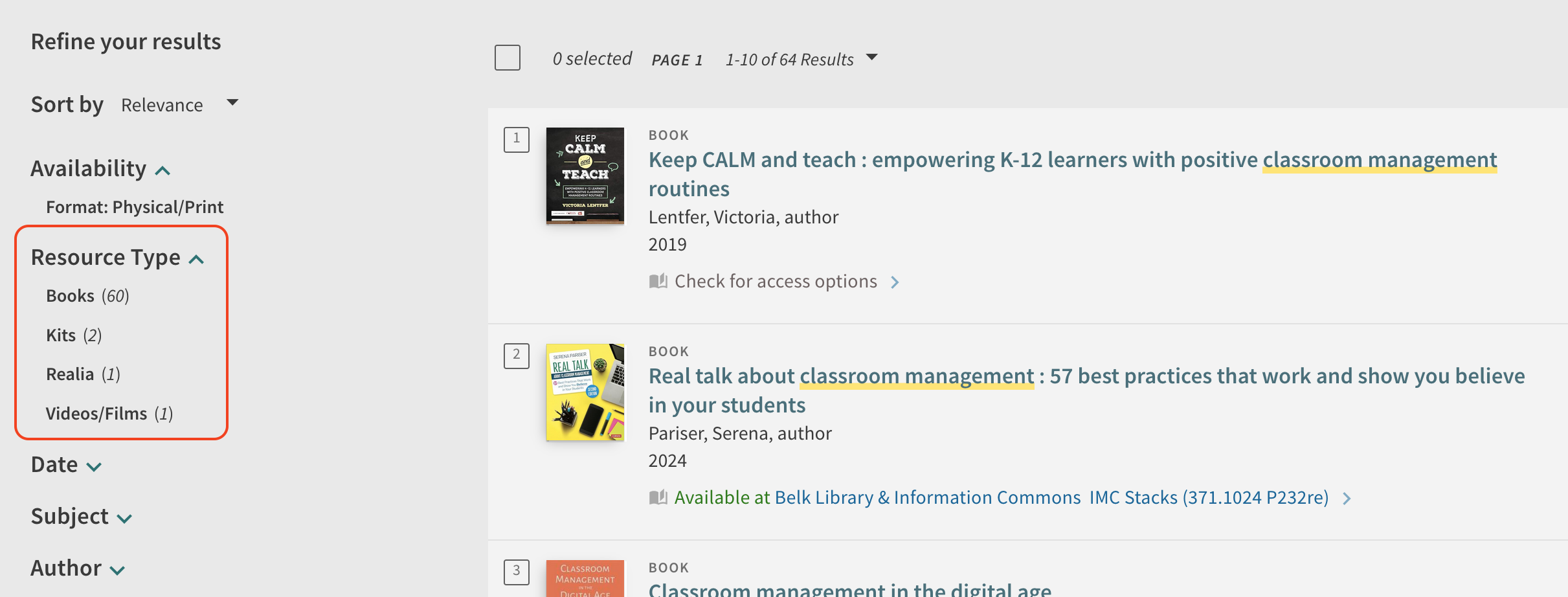 howtos-imc-resourcetypes Resource Type limiters like Books, Kids, and Videos/Films are in the Refine Your Results section