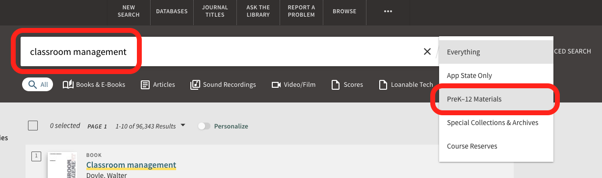 howtos-imc-scopes The PreK-12 materials scope option comes after the search box in Library Search