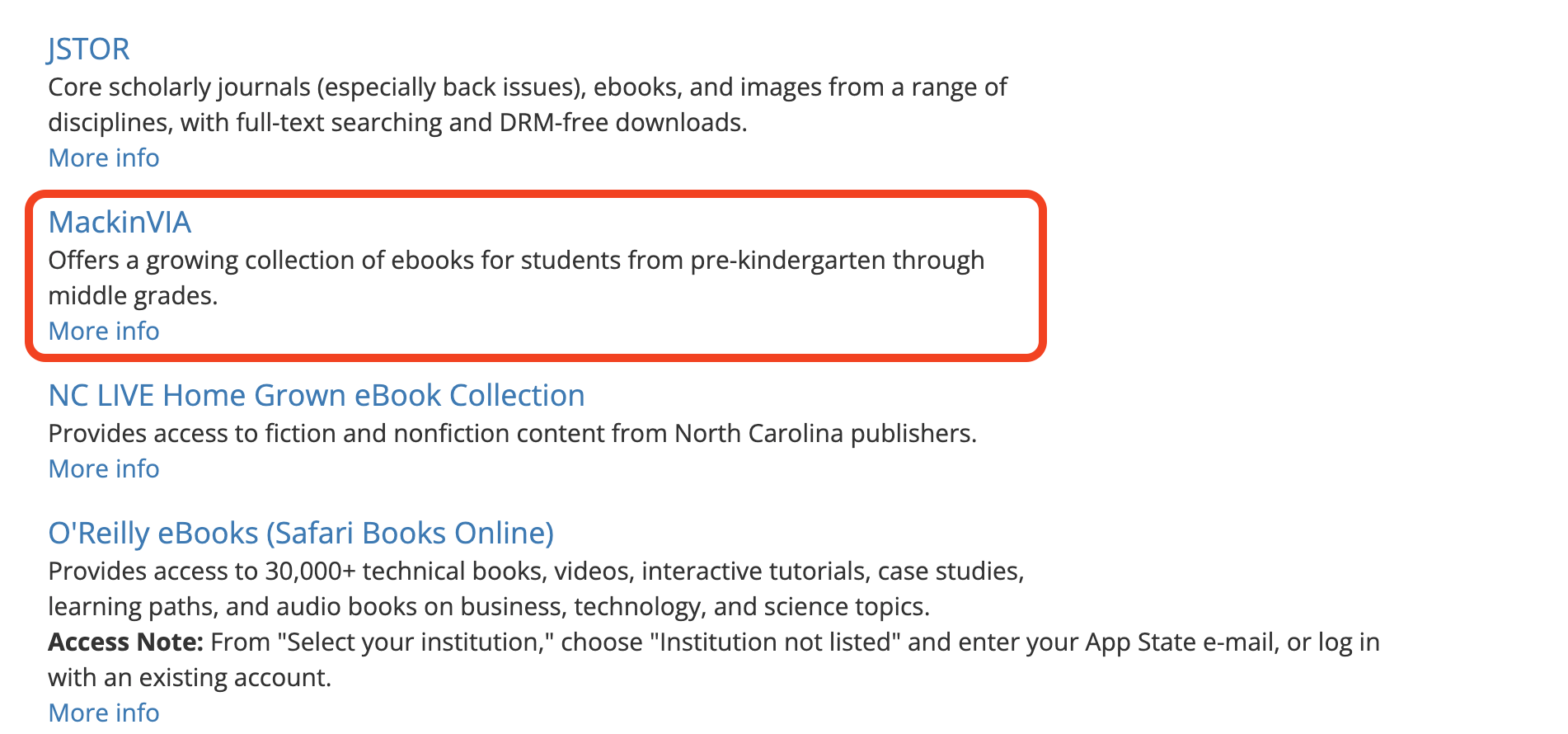 howtos-mackinvia-dblink Screenshot of MackinVIA link on eBook Collections databases page