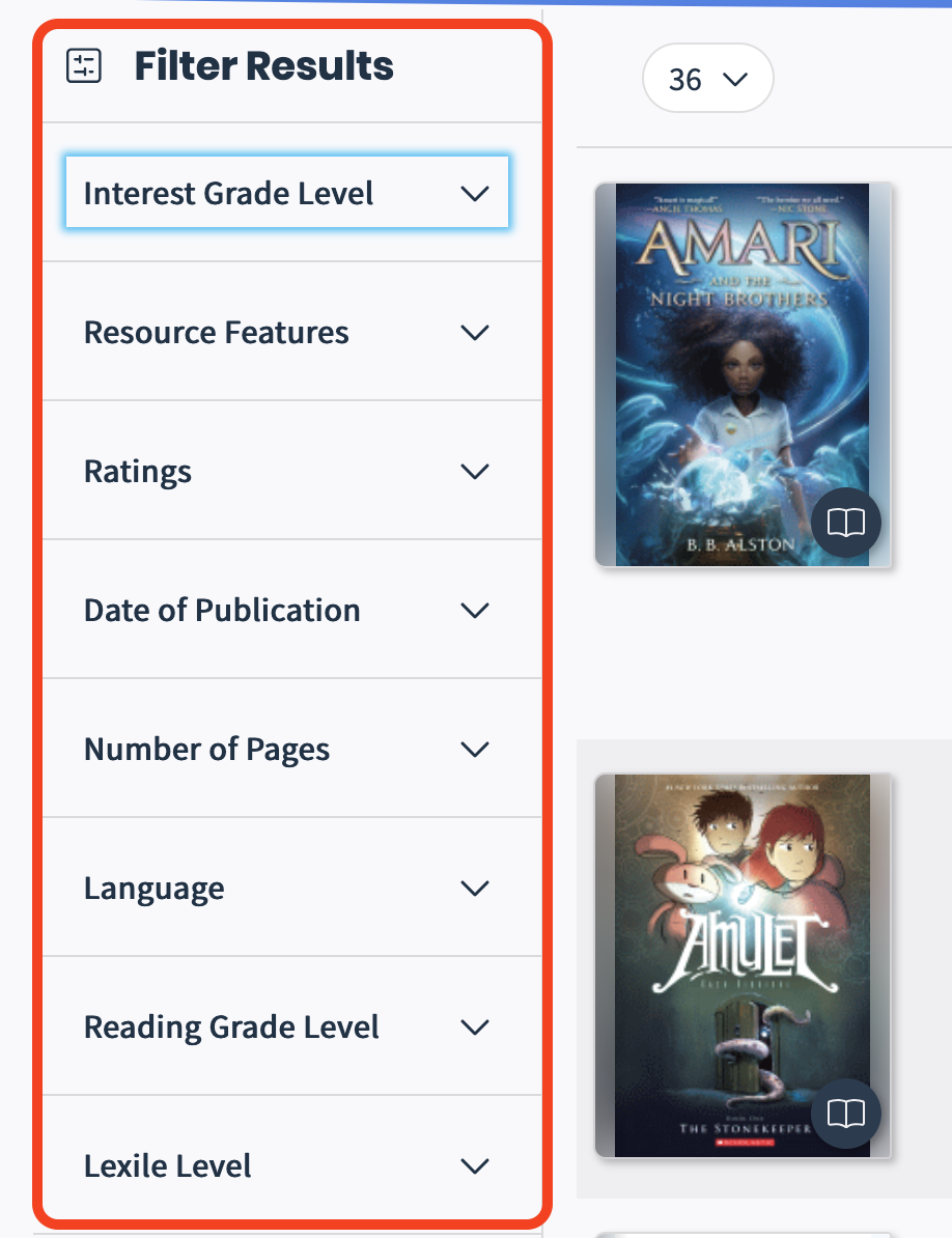 howtos-mackinvia-filters There are filtering options for grade level, ratings, number of pages, etc.