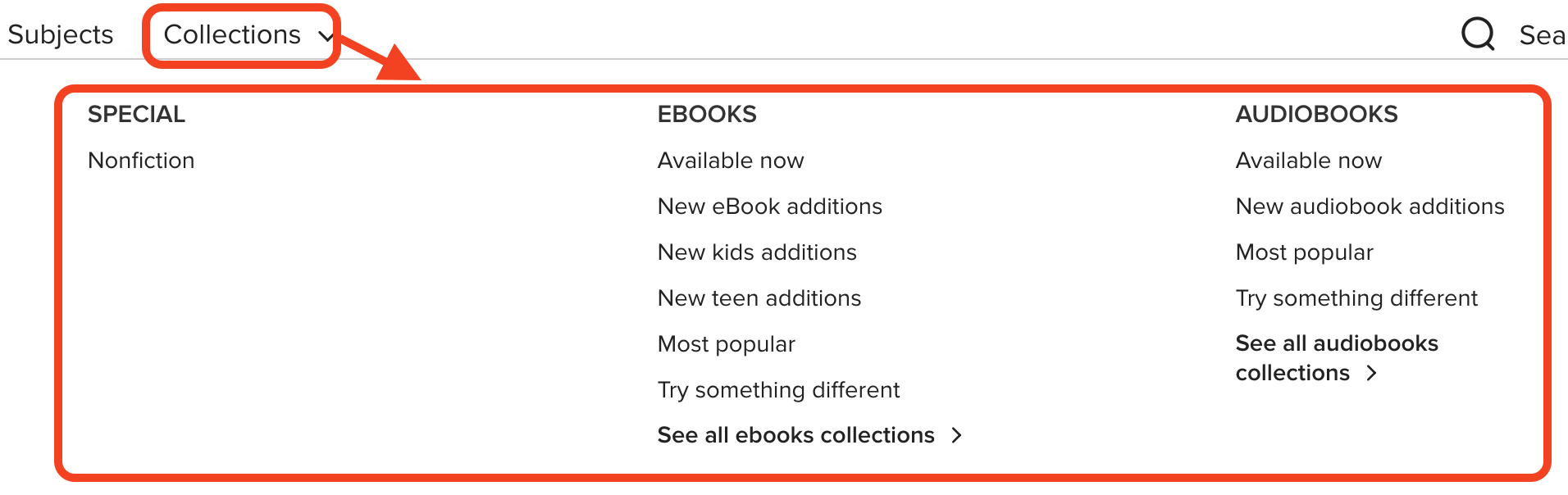 howtos-overdrive-browsecollections Choose Collections in the main menu to browse by collection. There are collections for things like "New Audiobooks" and "New kids additions"