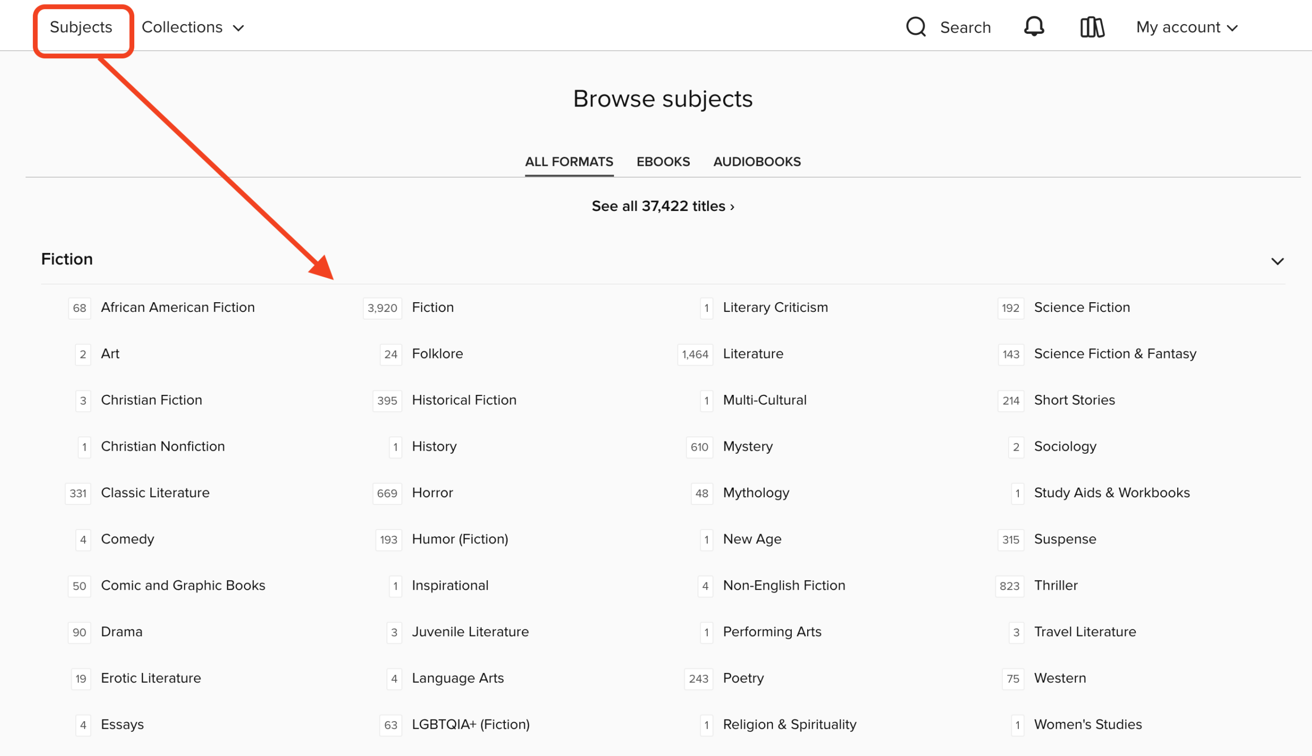 howtos-overdrive-browsesubject Choose Subjects in the main menu to browse by subject. An item count is listed for each subject