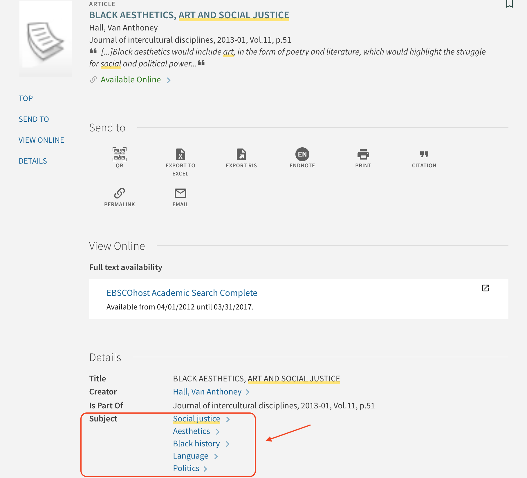 howtos-subjects-itemlisting Clickable subject headings also appear in the Detail section of an item's record in Library Search