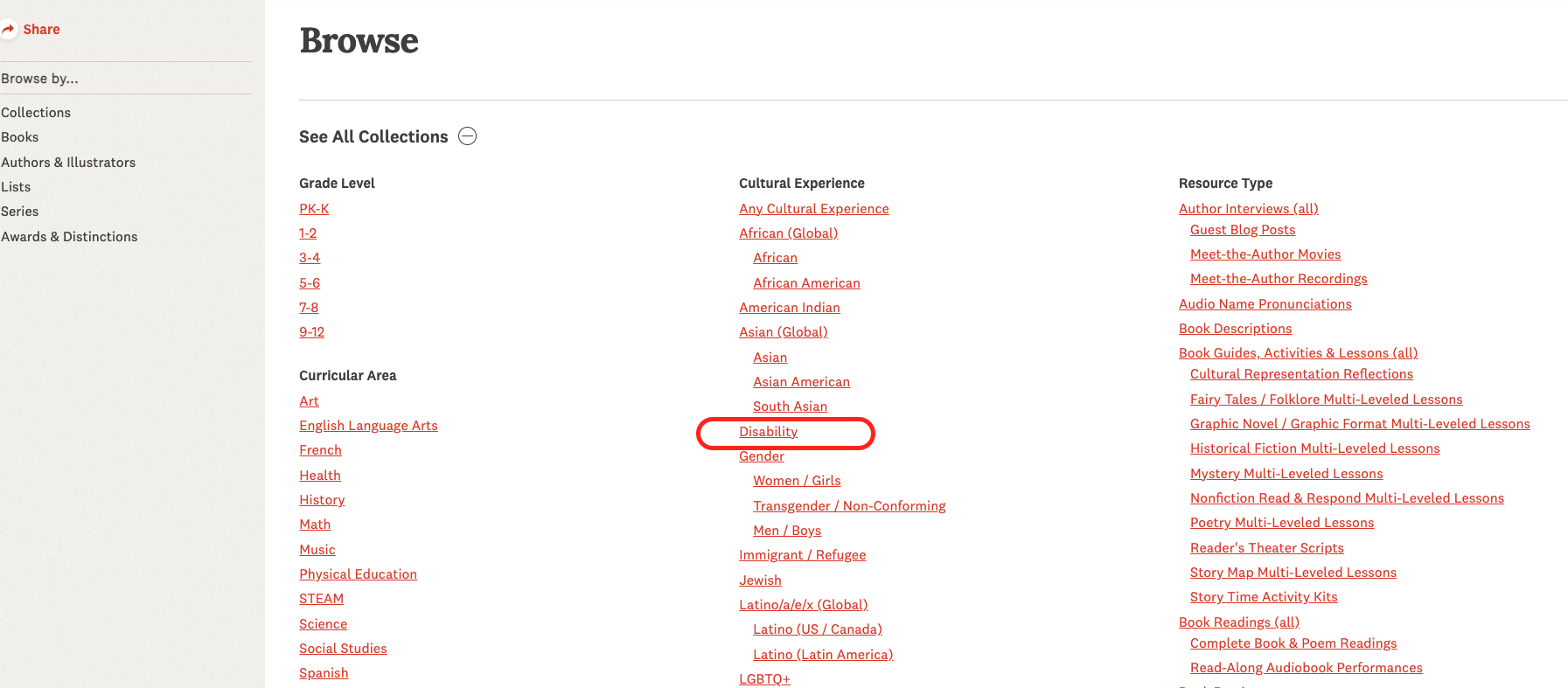 howtos-teachingbooks-browse Screenshot of Browse section showing options to browse by grade, curricular area, etc.