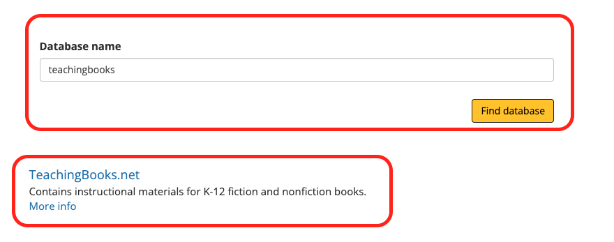 howtos-teachingbooks-namesearch Screenshot showing "teachingbooks" in the Database name search box