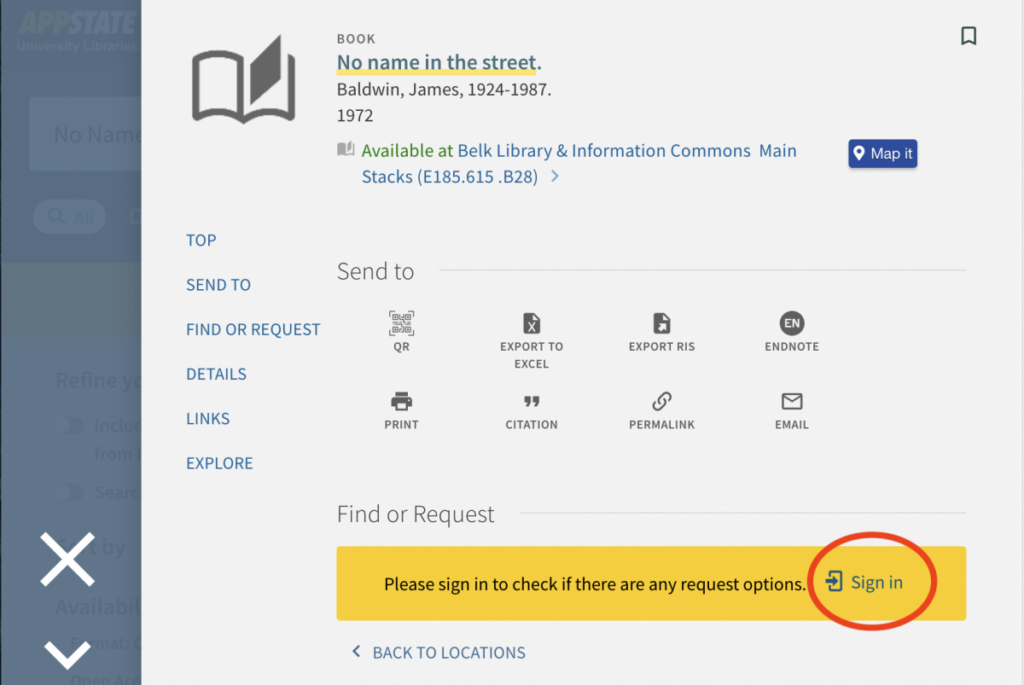 If you're not already signed in to Library Search, the Sign In option will appear in the Find or Request section