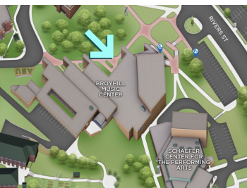 The north side entrance of the Broyhill Music Center faces Walker Hall