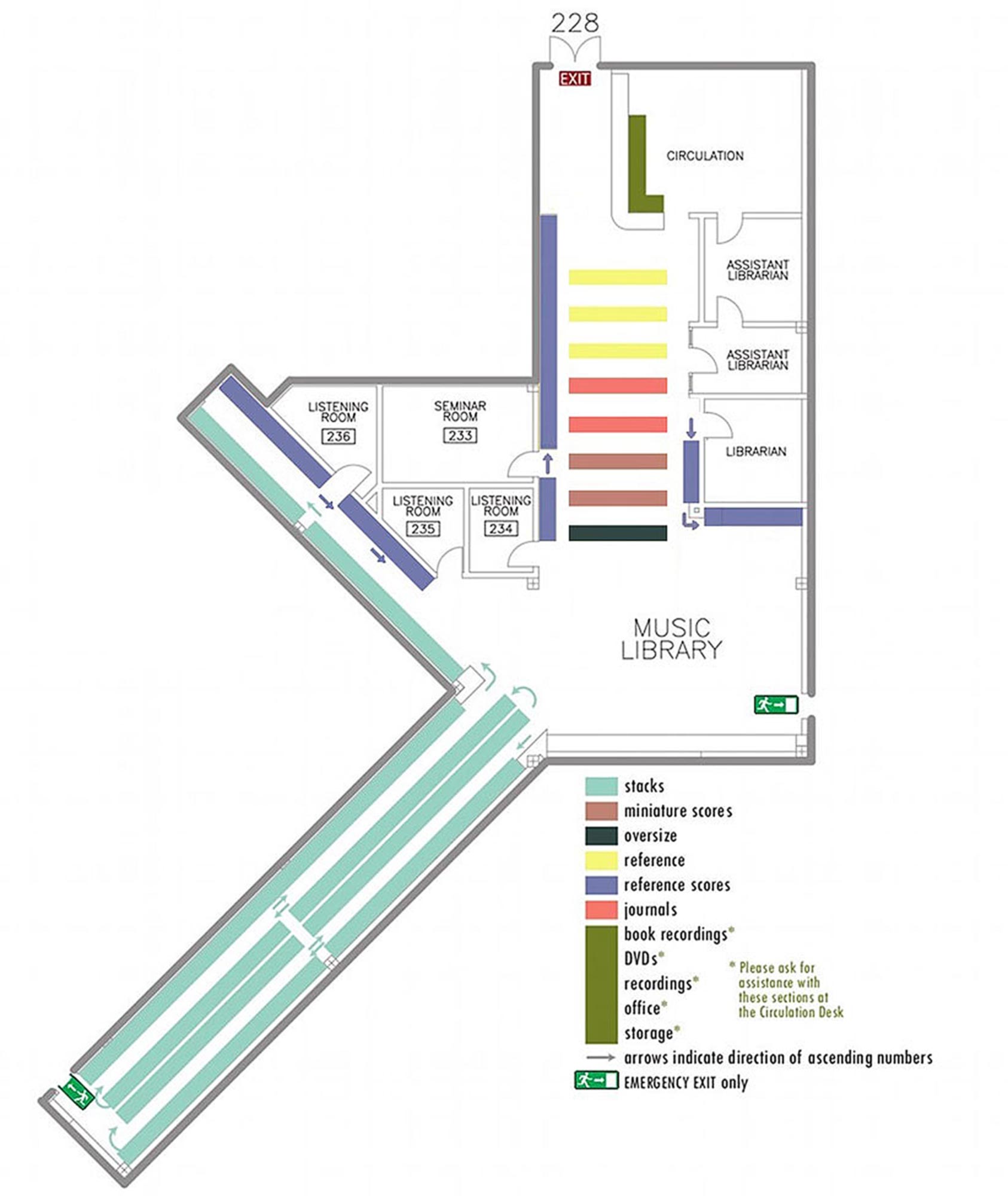 Music Library floor plan Music Library floor plan showing scores, recordings, print materials, 4 study rooms