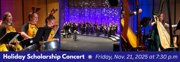 Collage of images from the holiday scholarship concert, including student musicians dressed up in holiday shirts with Christmas lights and reindeer ears, the App State Women's Chorus, and a harp player with red hair and a green dress