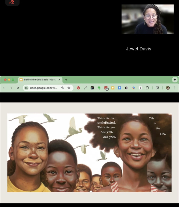 Zoom Screen with Jewel Davis speaking and sharing her screen, which shows an illustration from Kwame Alexander and Kadir Nelson's children's book The Undefeated