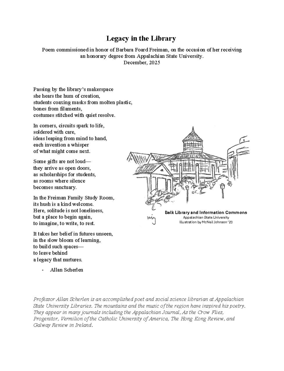 Poem and line drawing of Belk Library, details follow in text