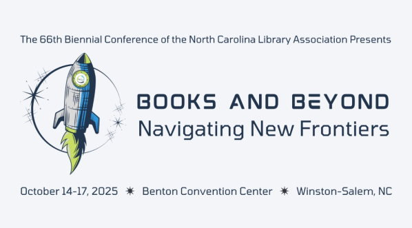 Logo for the 2025 NCLA Conference which features a rocket ship and the conference theme, Books and Beyond, Navigating New Frontiers