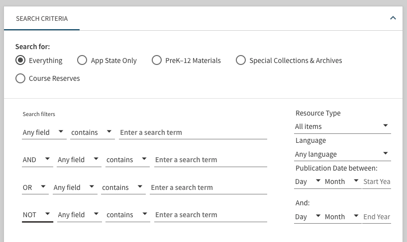 boolean-1 Add Boolean operators using the drop-downs in the Search Filters section of Library Search's Advanced Search interface