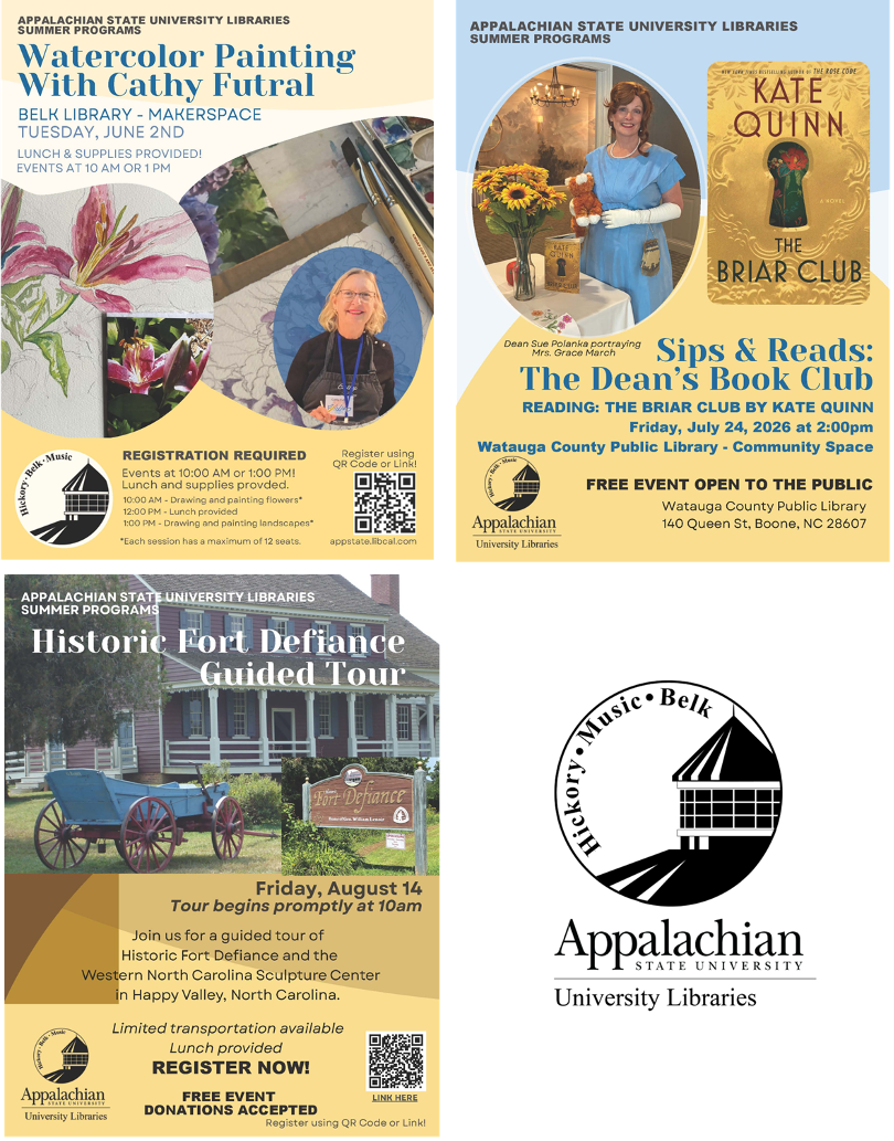 Flyers for the Summer Events Series featuring information about the watercolor painting class, the Dean’s Bookclub and the Fort Defiance Guided tour