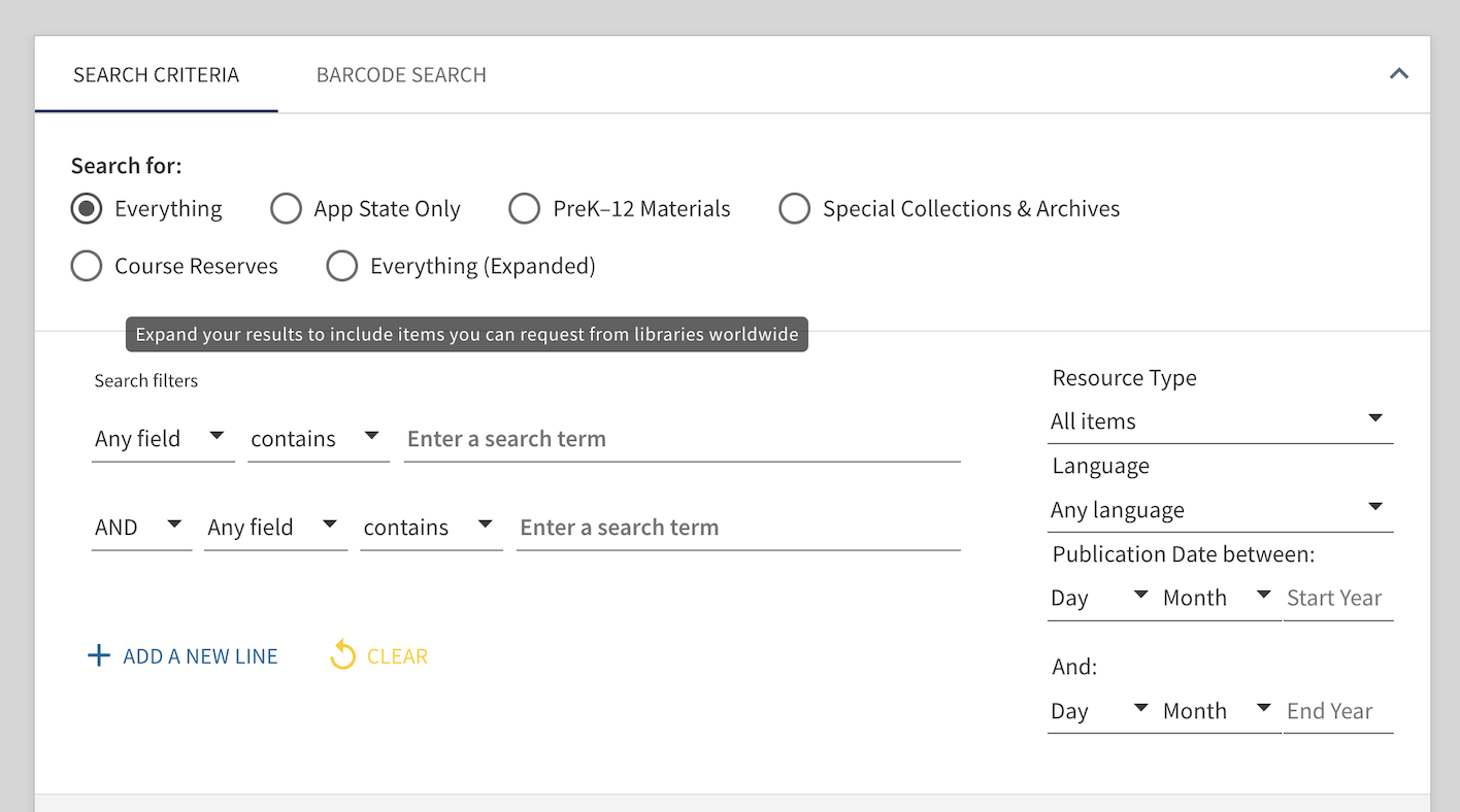 Scopes are the first option on the Advanced Search screen