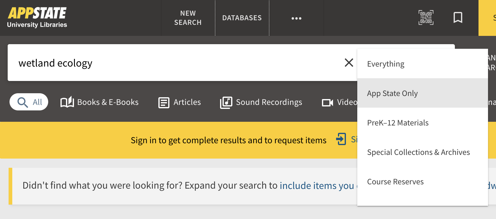 Within Library Search, scope options can be found in a drop-down on the search results page immediately after the search box.