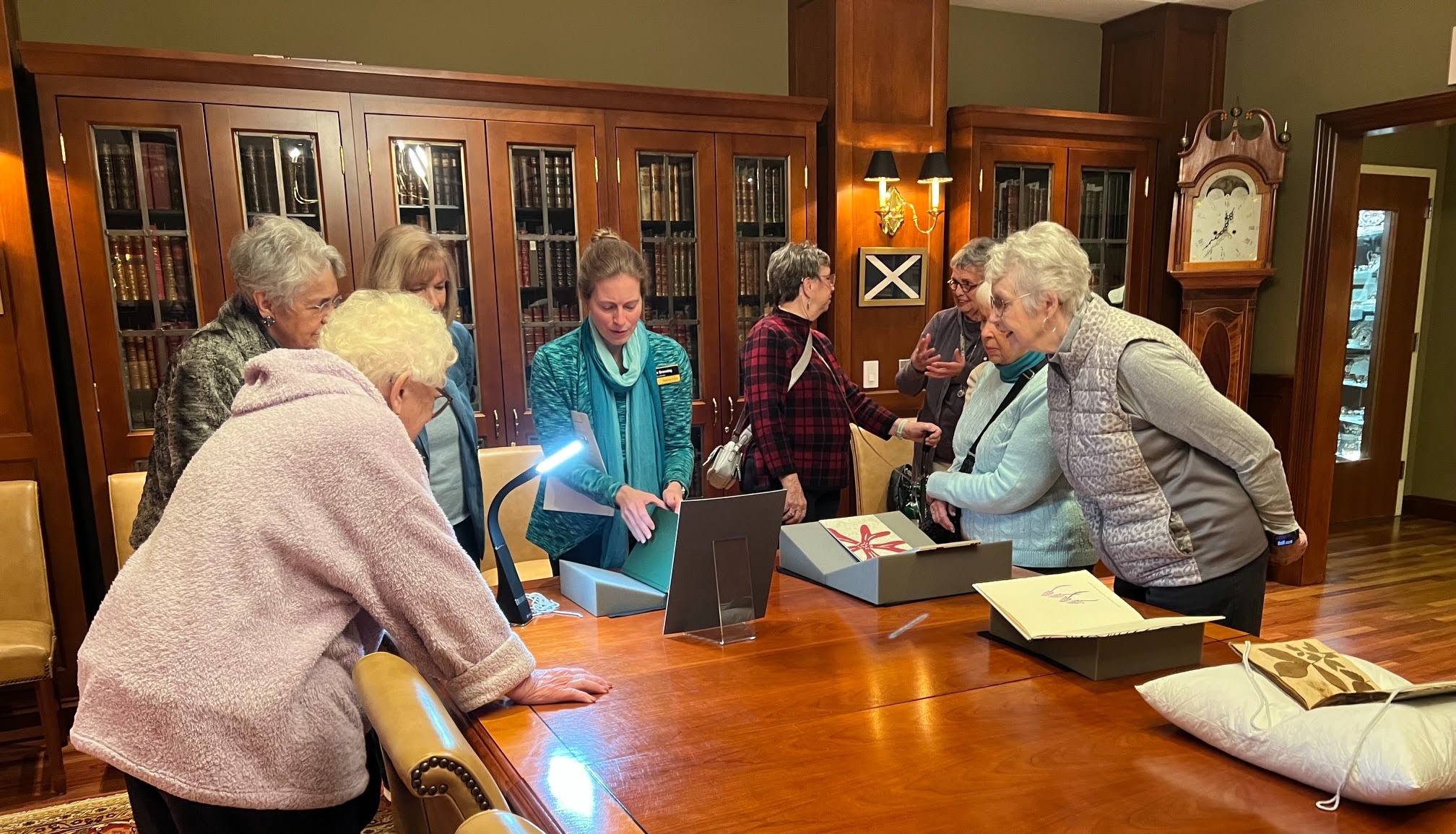 Local book club viewing historic manuscripts in our Rhinehart Rare Books Room<br />

